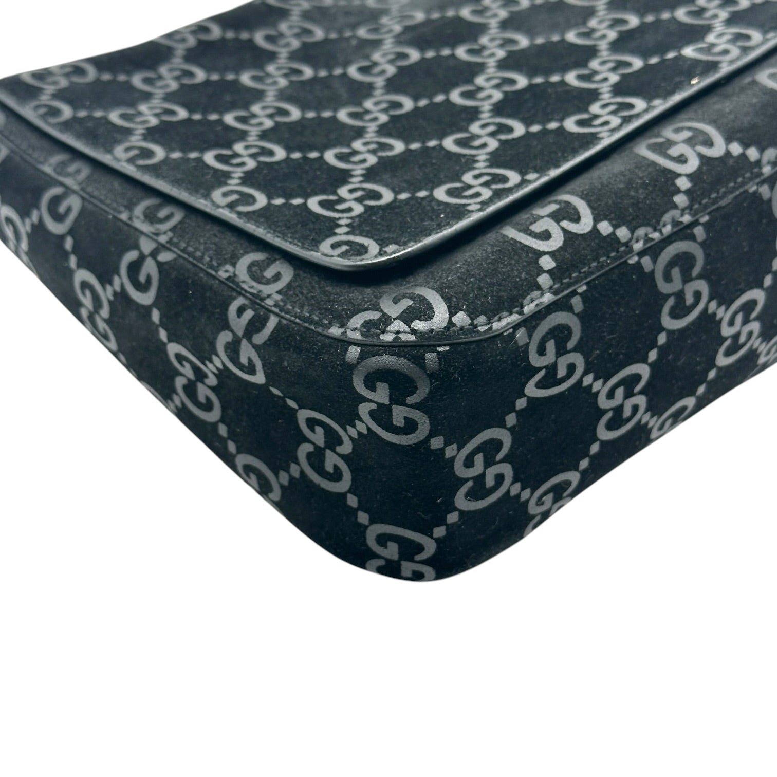 Gucci Black Embossed Suede Shoulder Bag with Metal Strap