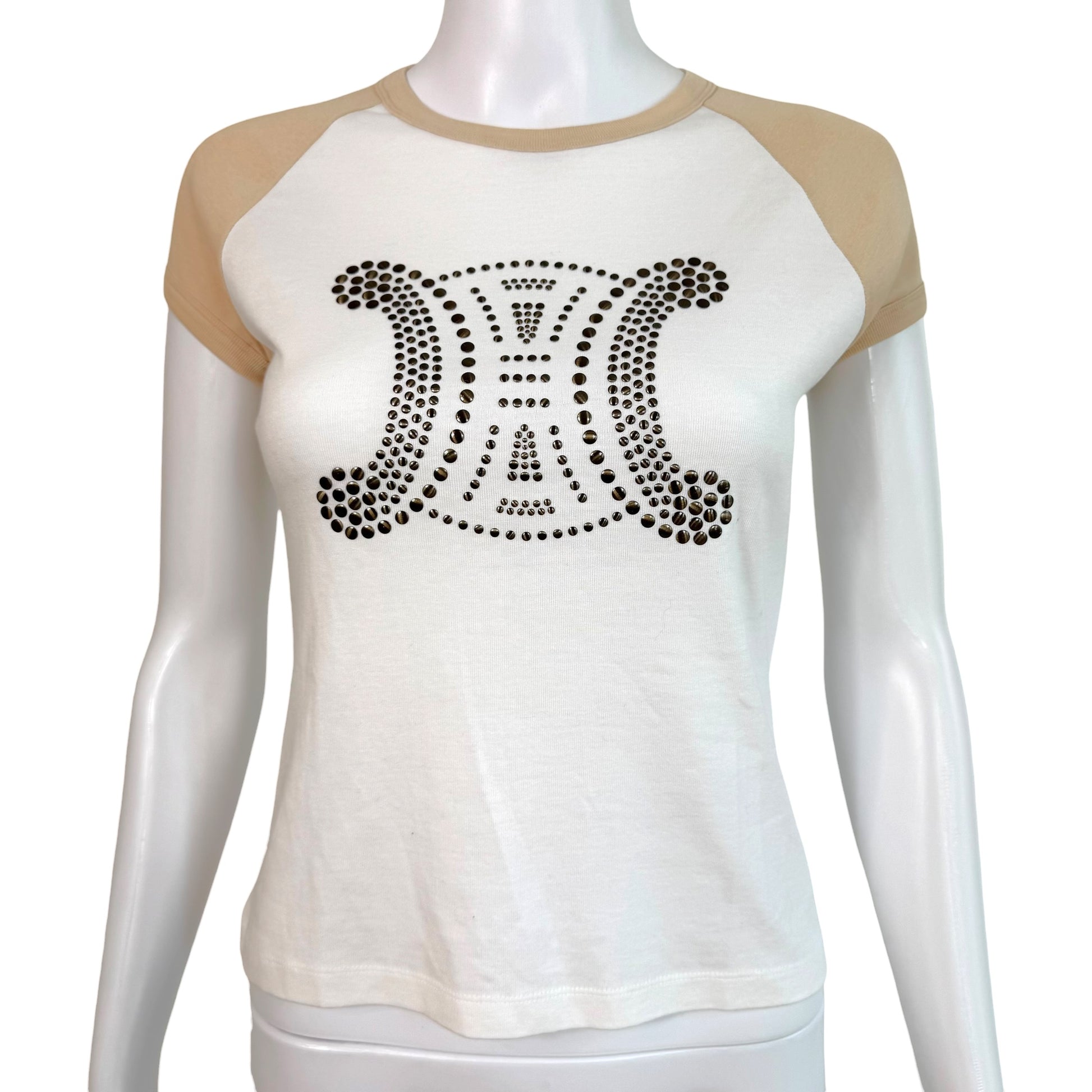 Celine Beige White Studded Triomphe Logo T-Shirt