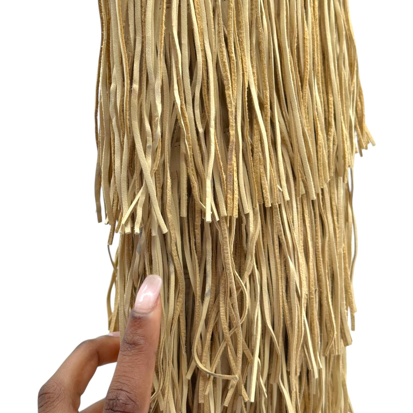 Brian Atwood Beige Leather Fringe Trim Heeled Boots