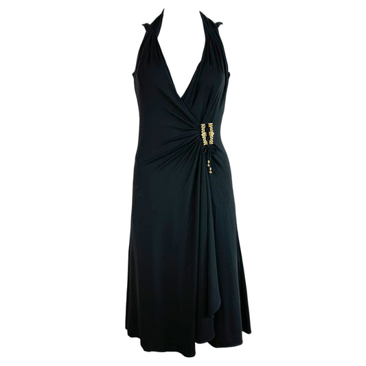 Roberto Cavalli 2007 Black & Gold Crystal Embellished Wrap Halter Mini Dress