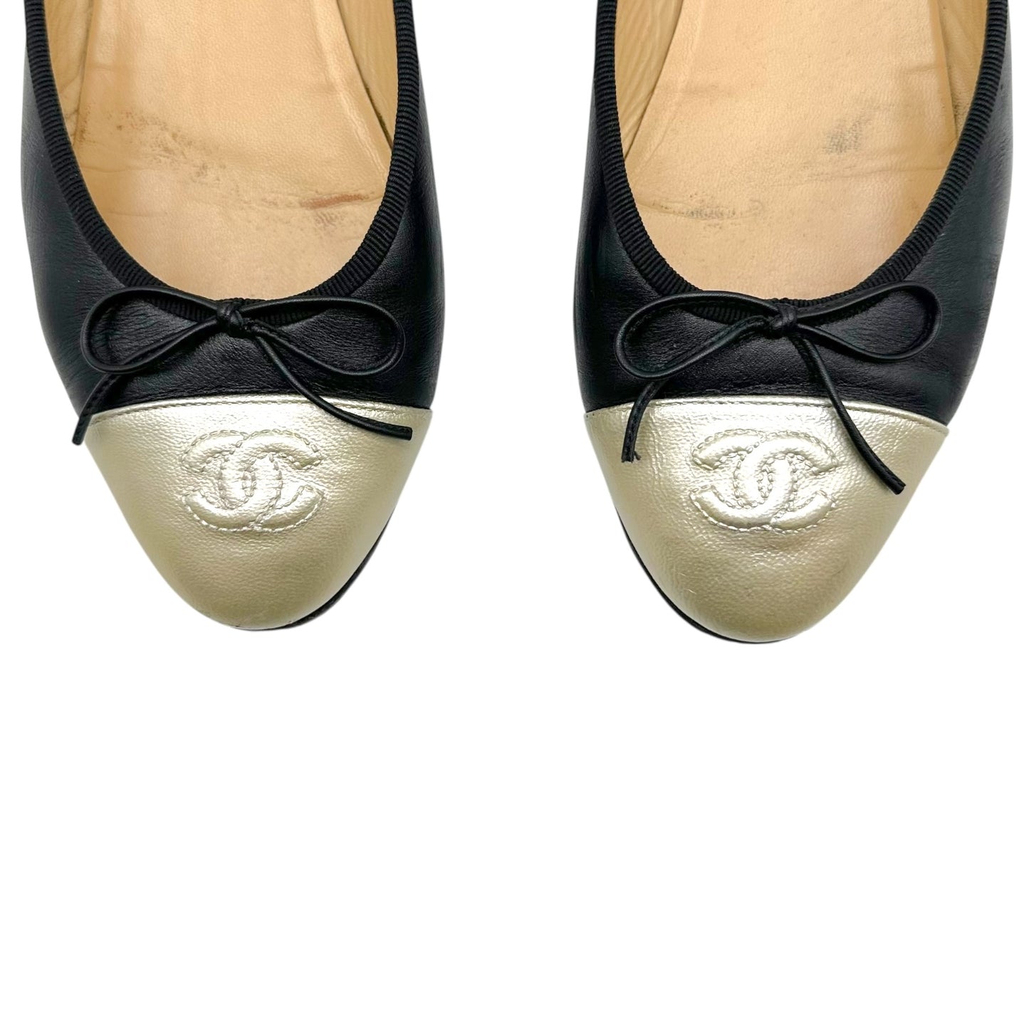 Chanel Metallic Gold & Black Canvas Logo Ballet Flats