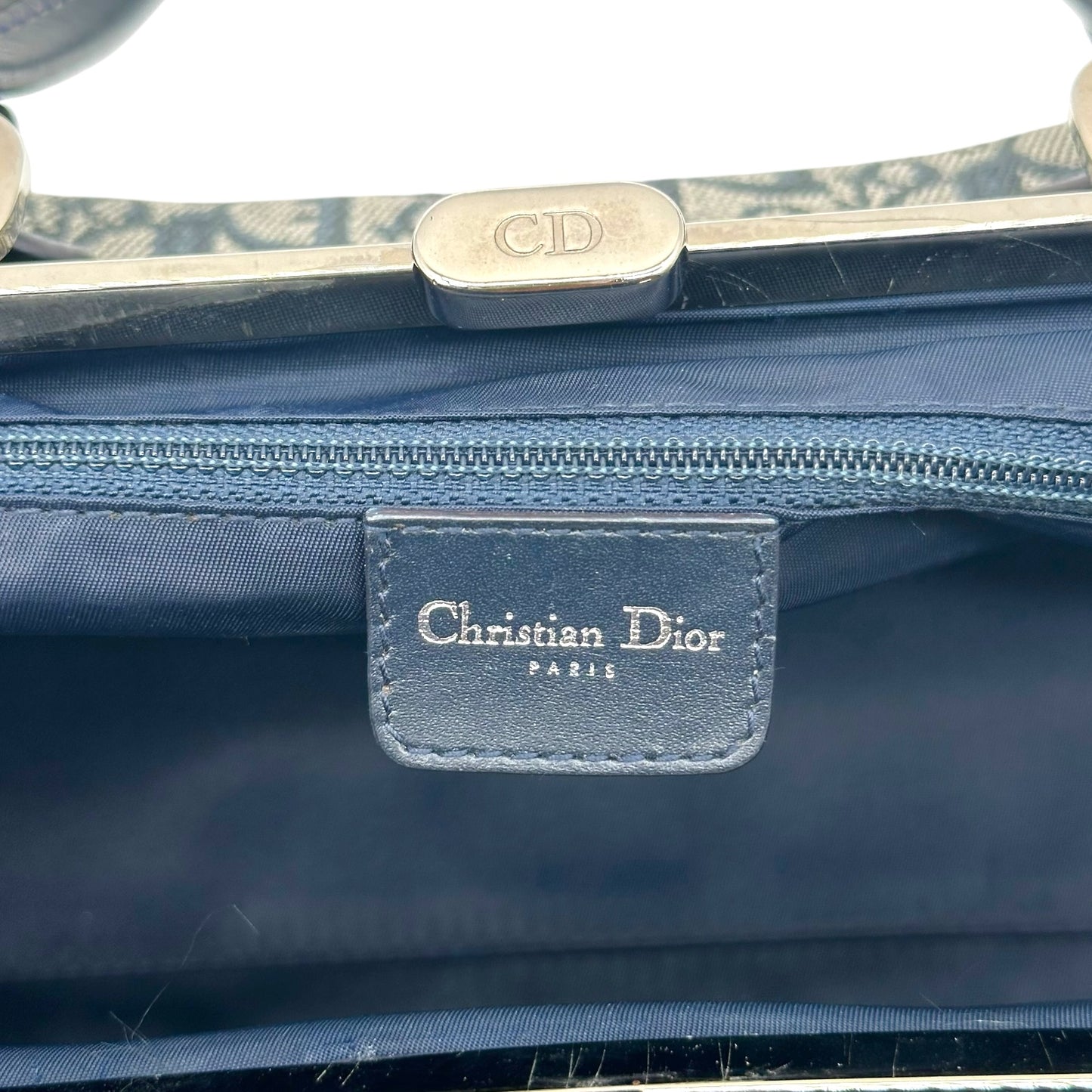 Christian Dior Navy Blue Trotter Monogram East West Kisslock Bag