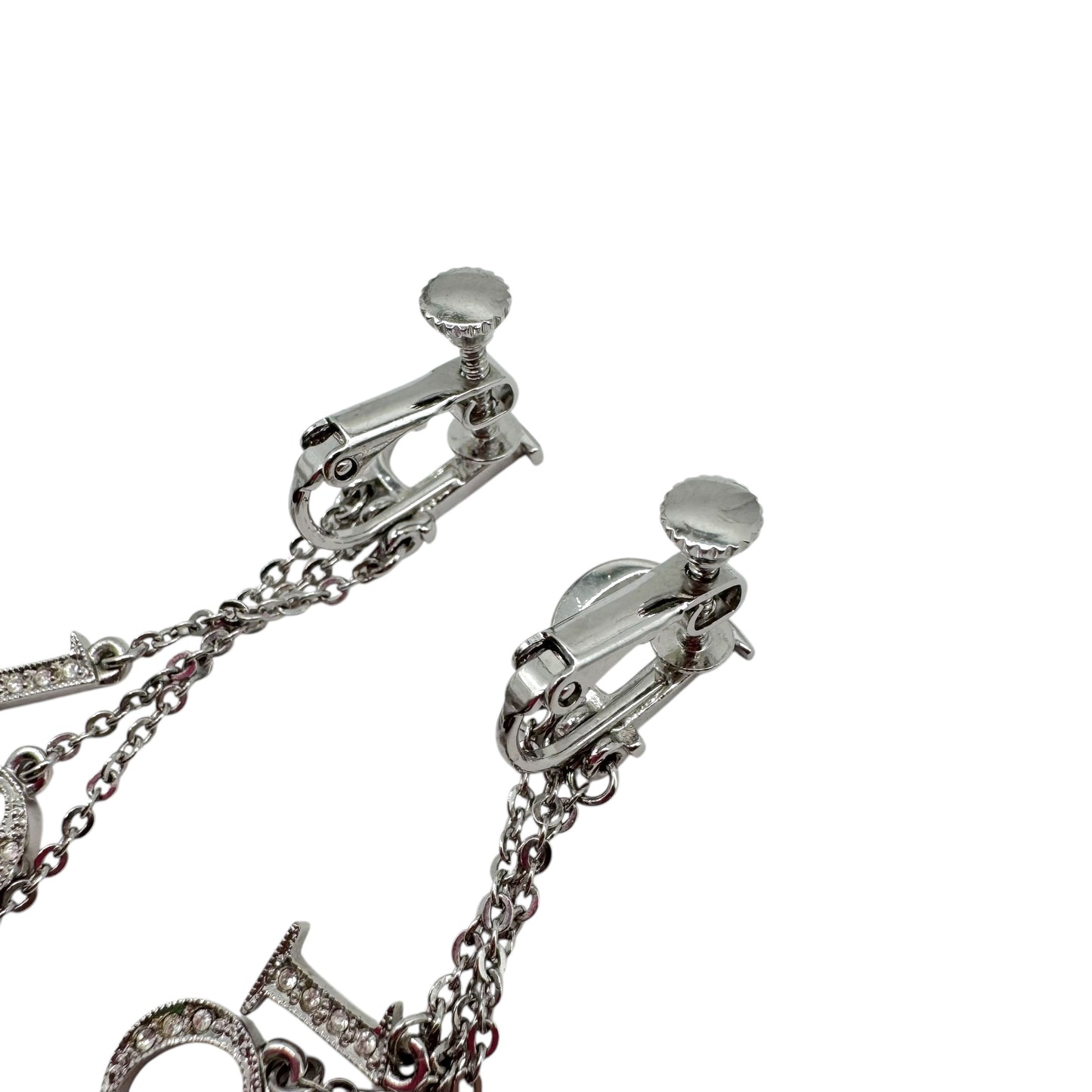 Christian Dior Silver Crystal Dangly Spell-Out Logo Clip-On Earrings