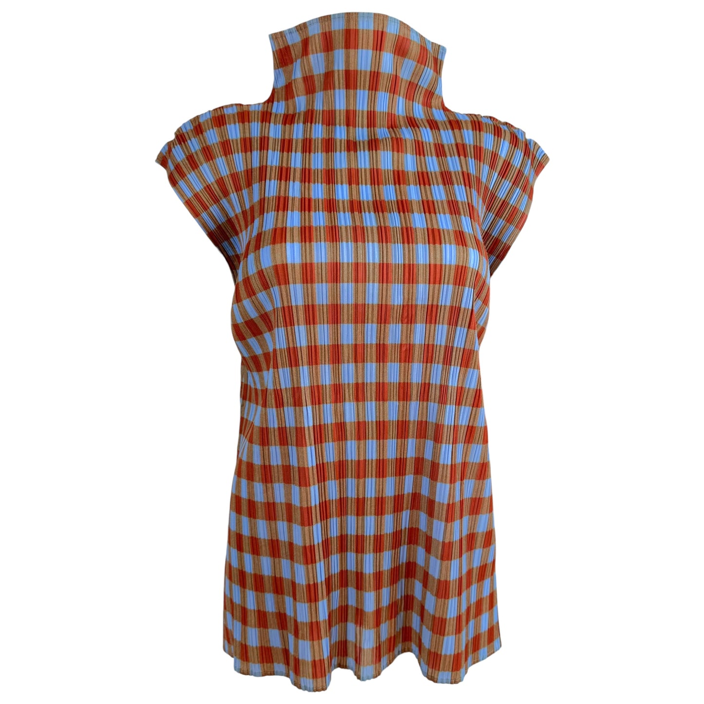 Issey Miyake Pleats Please Blue & Red Plaid Print Pleated Sleeveless Tunic Top Sz 3