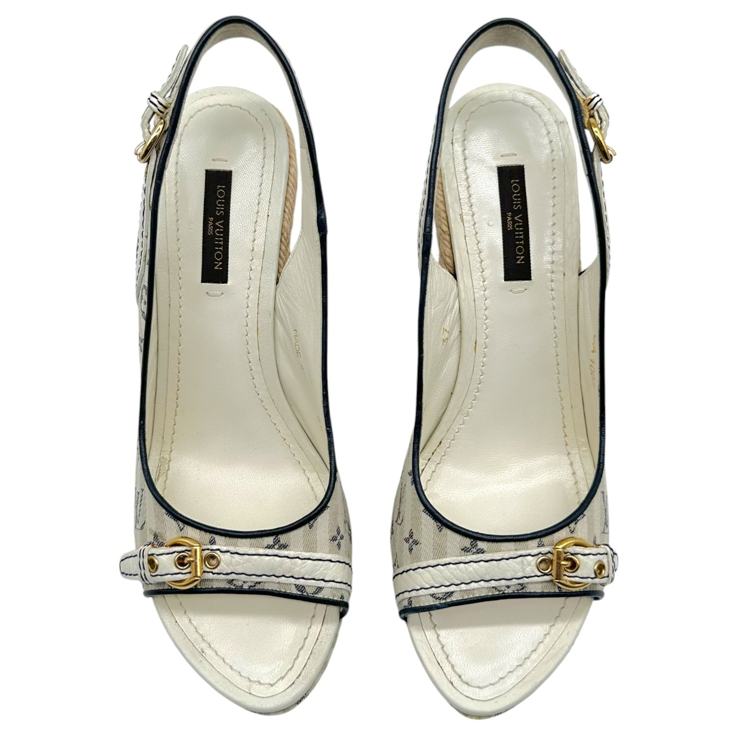 Louis Vuitton Navy Blue Striped Slingback Wedge Heels