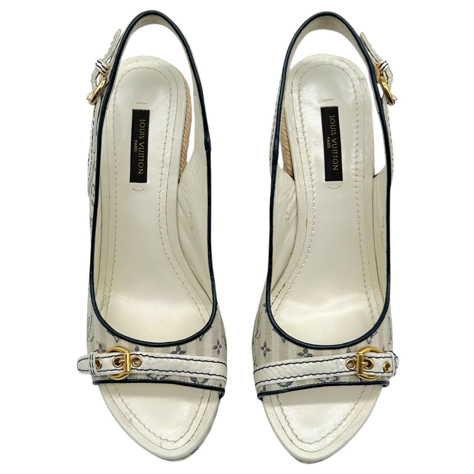 Louis Vuitton Navy Blue Striped Slingback Wedge Heels