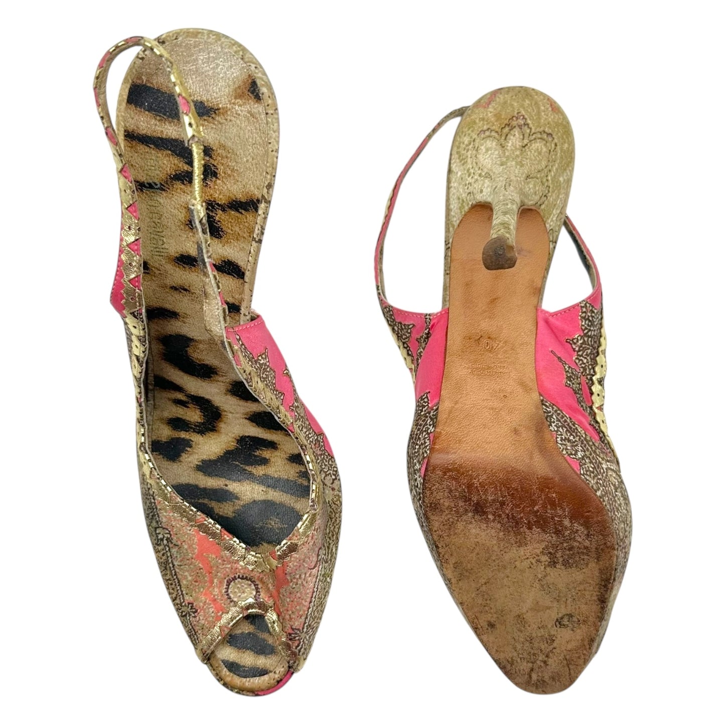 Roberto Cavalli Pink Metallic Paisley Silk Slingback Pumps