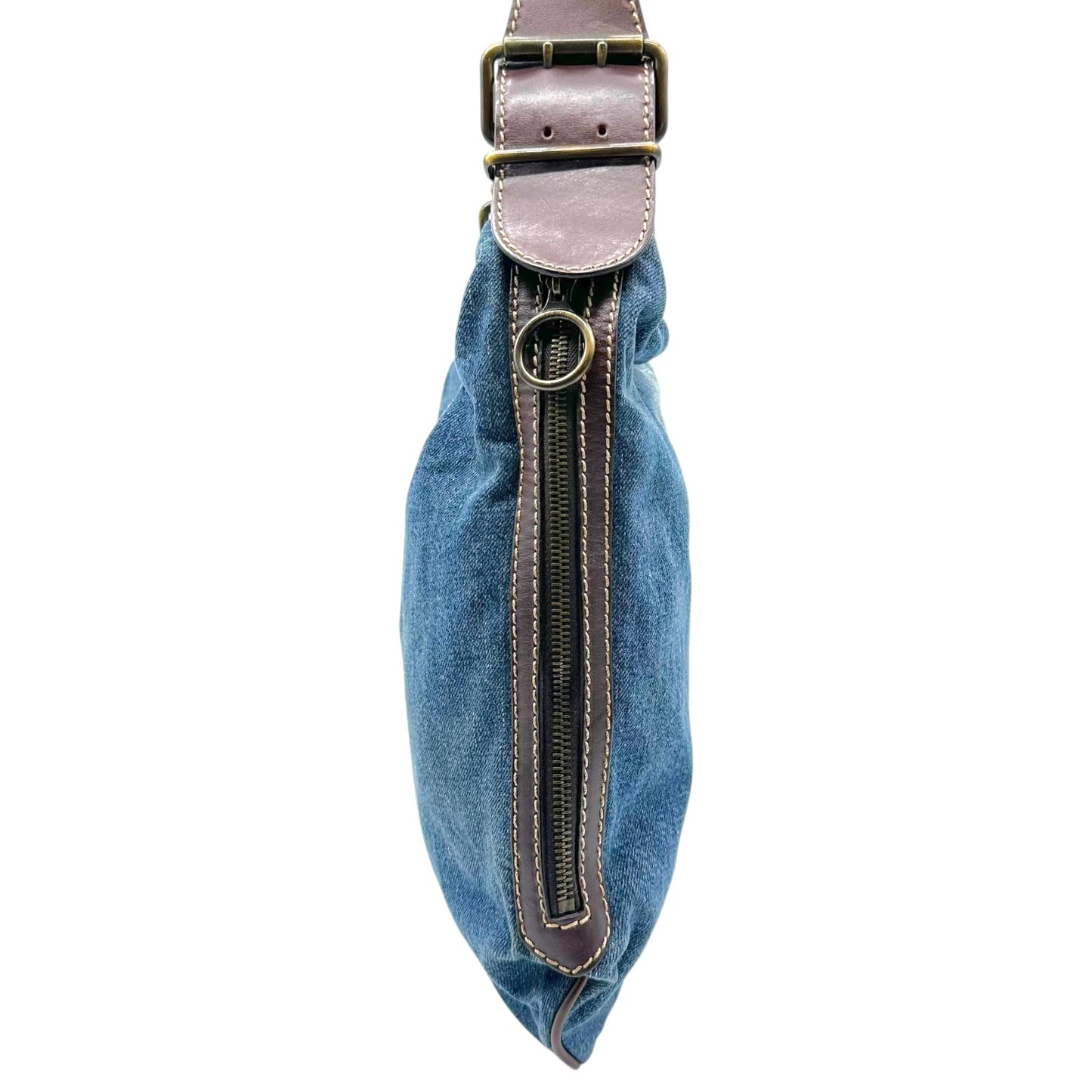 Fendi Denim & Brown Leather Large Oyster Shoulder Bag
