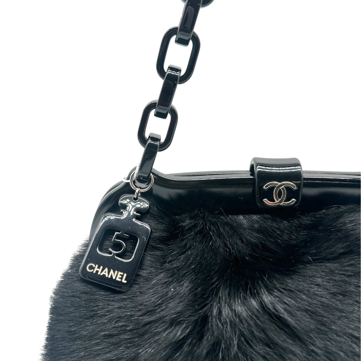 Chanel No.5 Black Fur & Resin Chain Strap Frame Shoulder Bag 2005-06