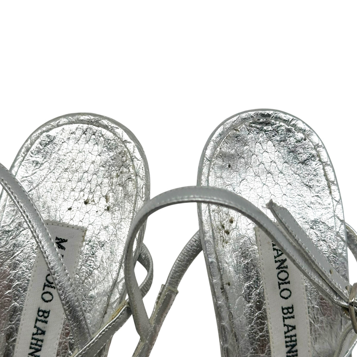 Manolo Blahnik SIlver Python & Crystal Thong Heeled Sandals