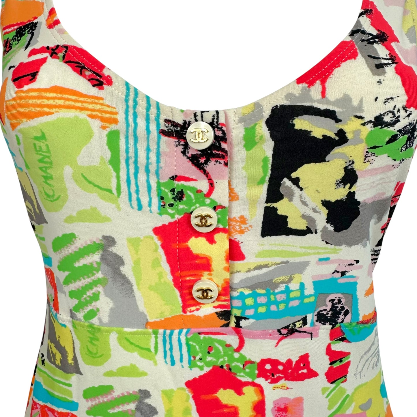 Chanel Cruise 1997 Multicolor Watercolor Logo Graffiti Print Mini Dress