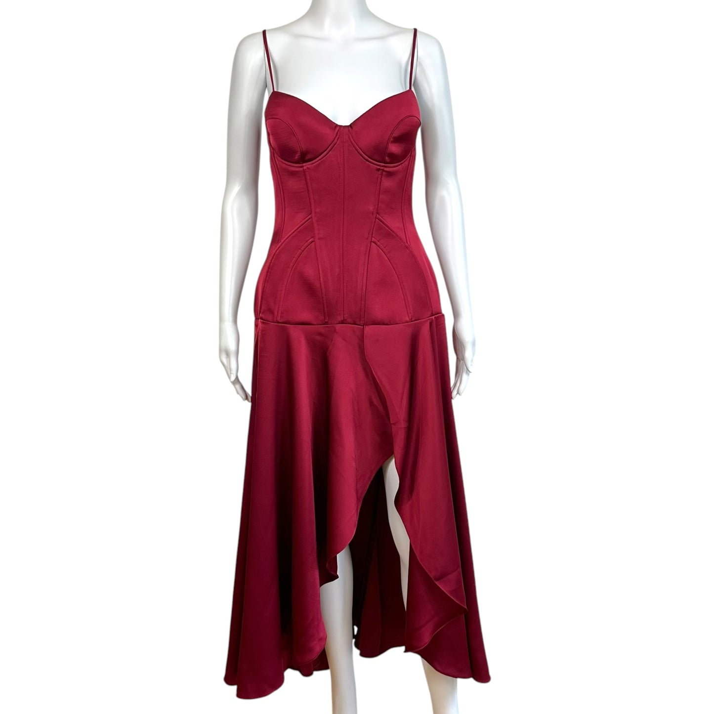 Fanci Club Clavicle Red Lace Up Corset Satin Midi Dress w/ Slit NEW