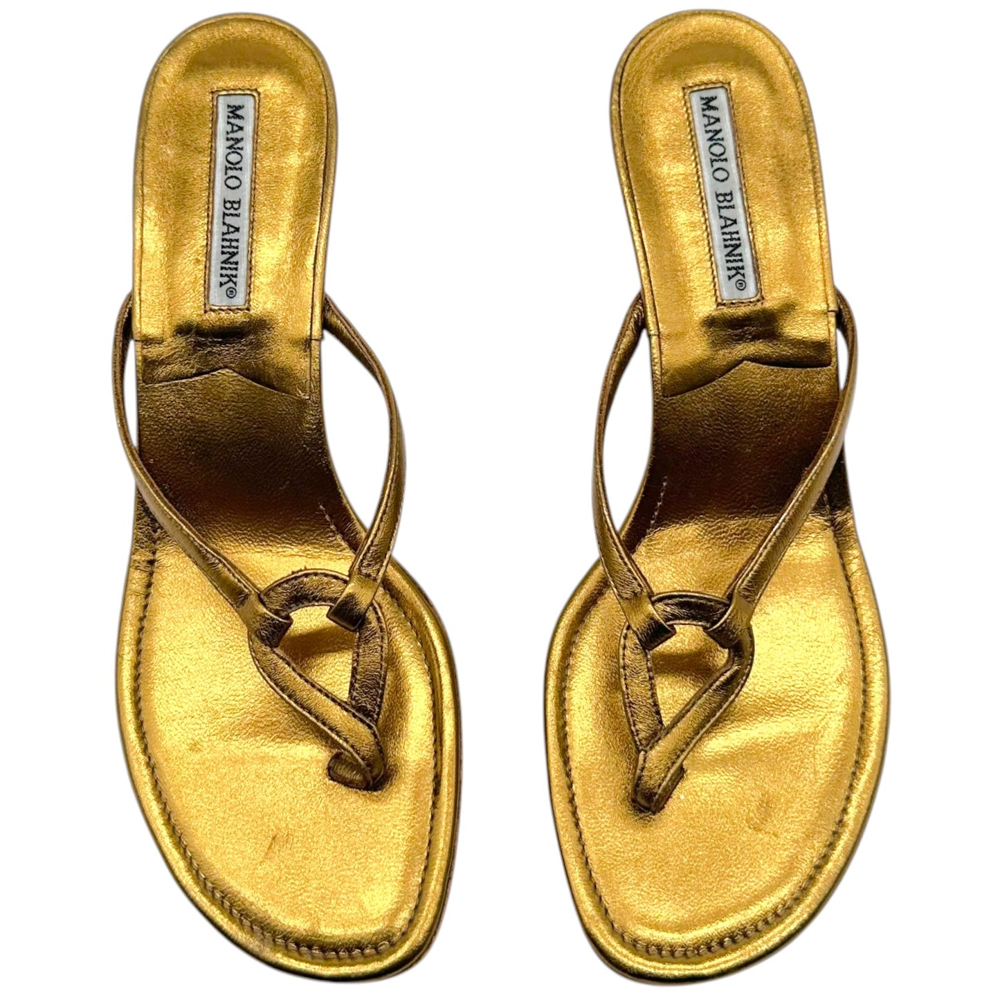 Manolo Blahnik Bronze Leather Kitten Heel Flip Flops