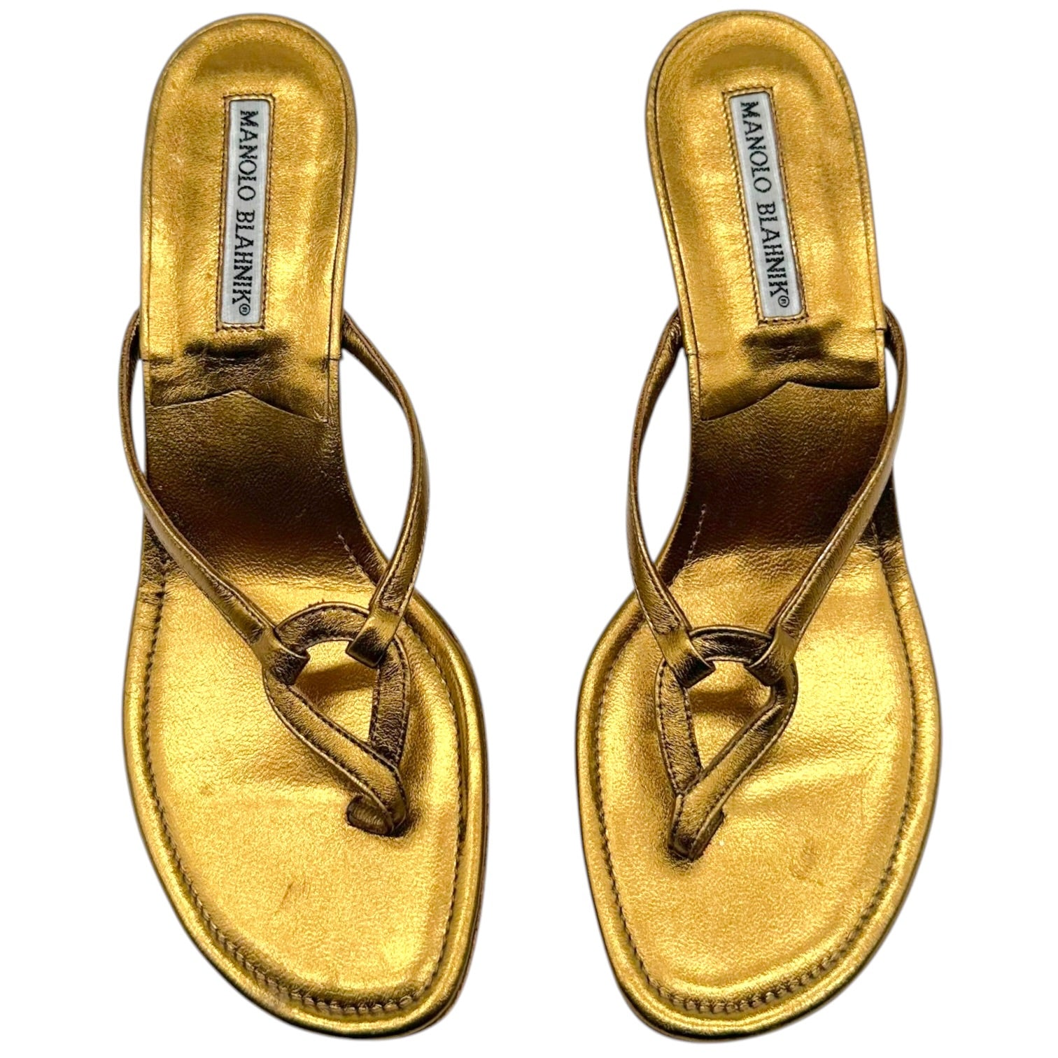 Manolo Blahnik Bronze Leather Kitten Heel Flip Flops