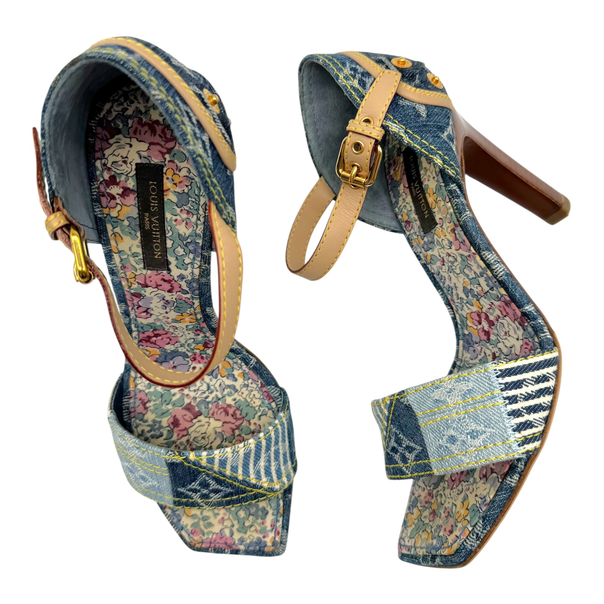 Louis Vuitton Blue Denim Patchwork Sandal Heels