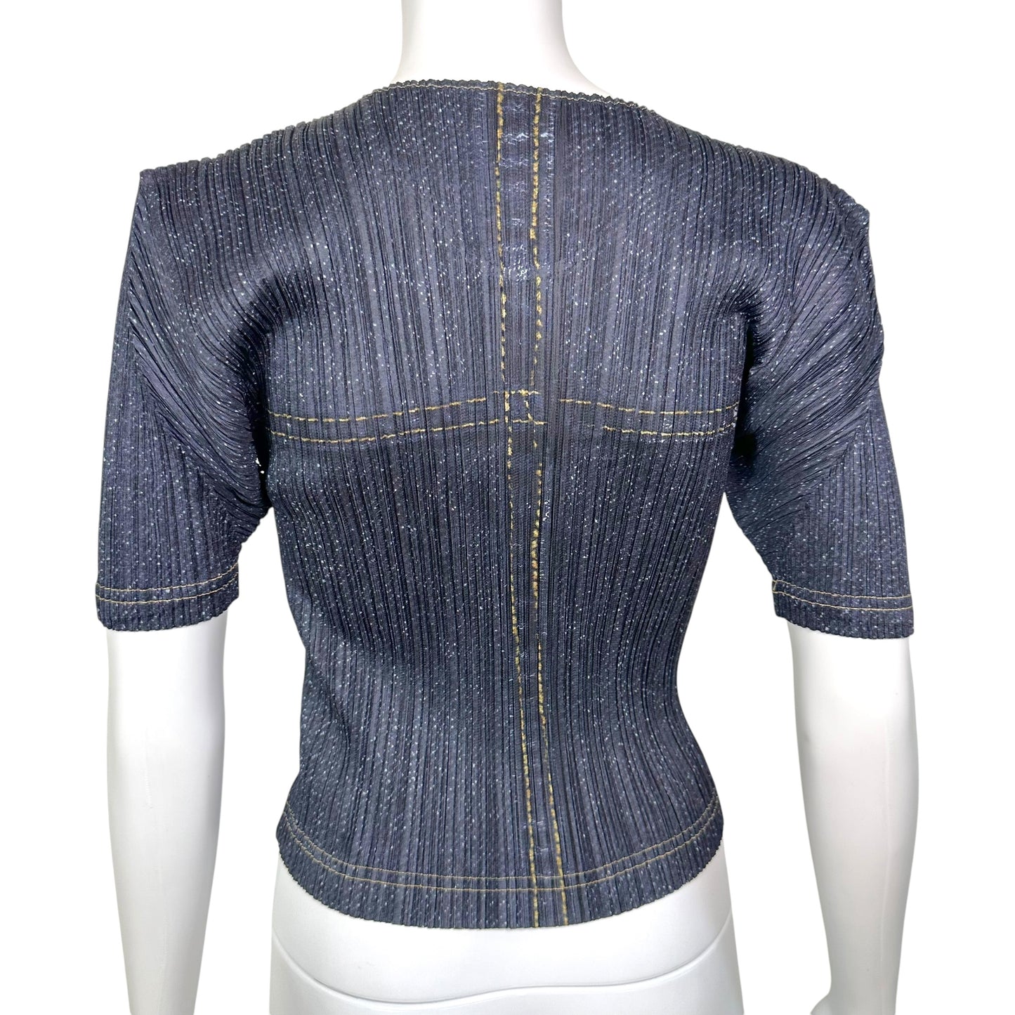 Issey Miyake Pleats Please Dark Wash Denim Printed T-Shirt