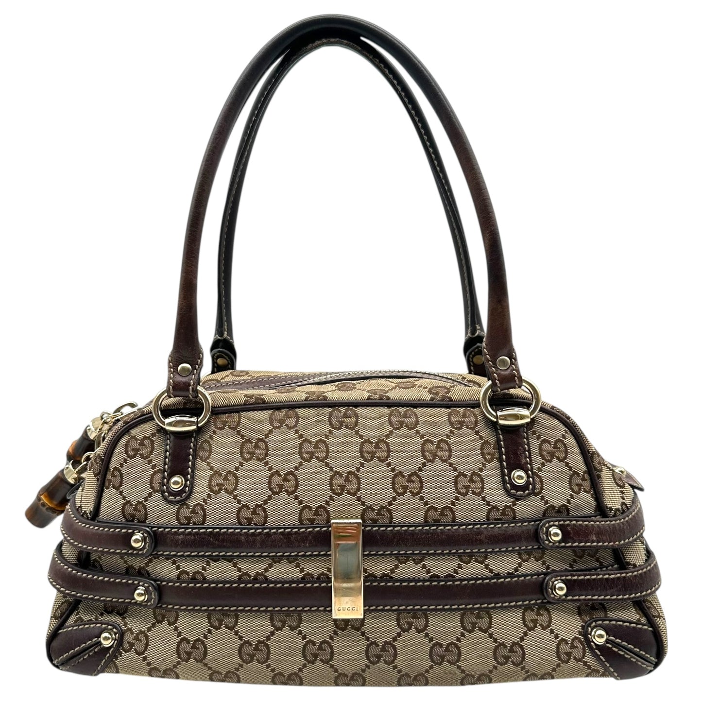 Gucci Brown Monogram & Bamboo East West Shoulder Bag