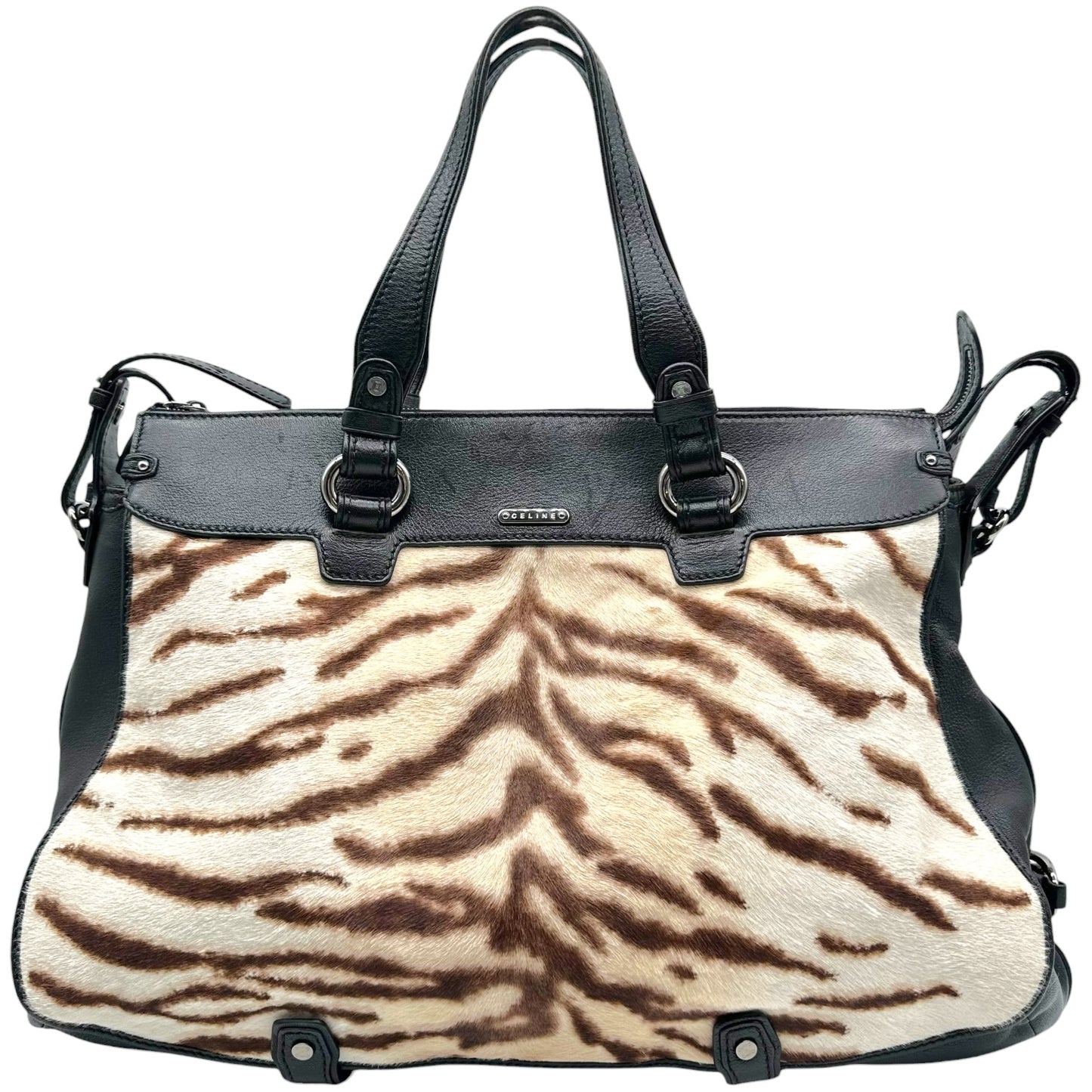 Celine Zebra Print Ponyhair & Black Leather XL 2-Way Tote Bag