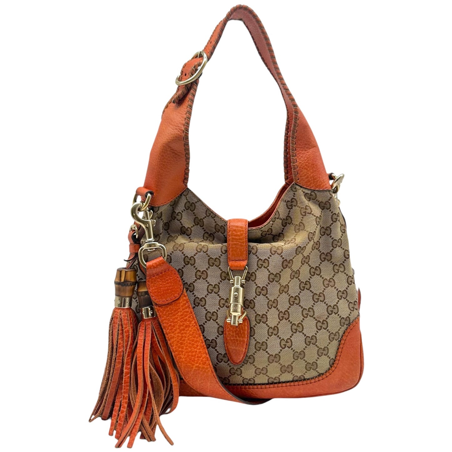 Gucci Burnt Orange & Tan Monogram New Jackie 2-Way Fringe Trim Shoulder Bag