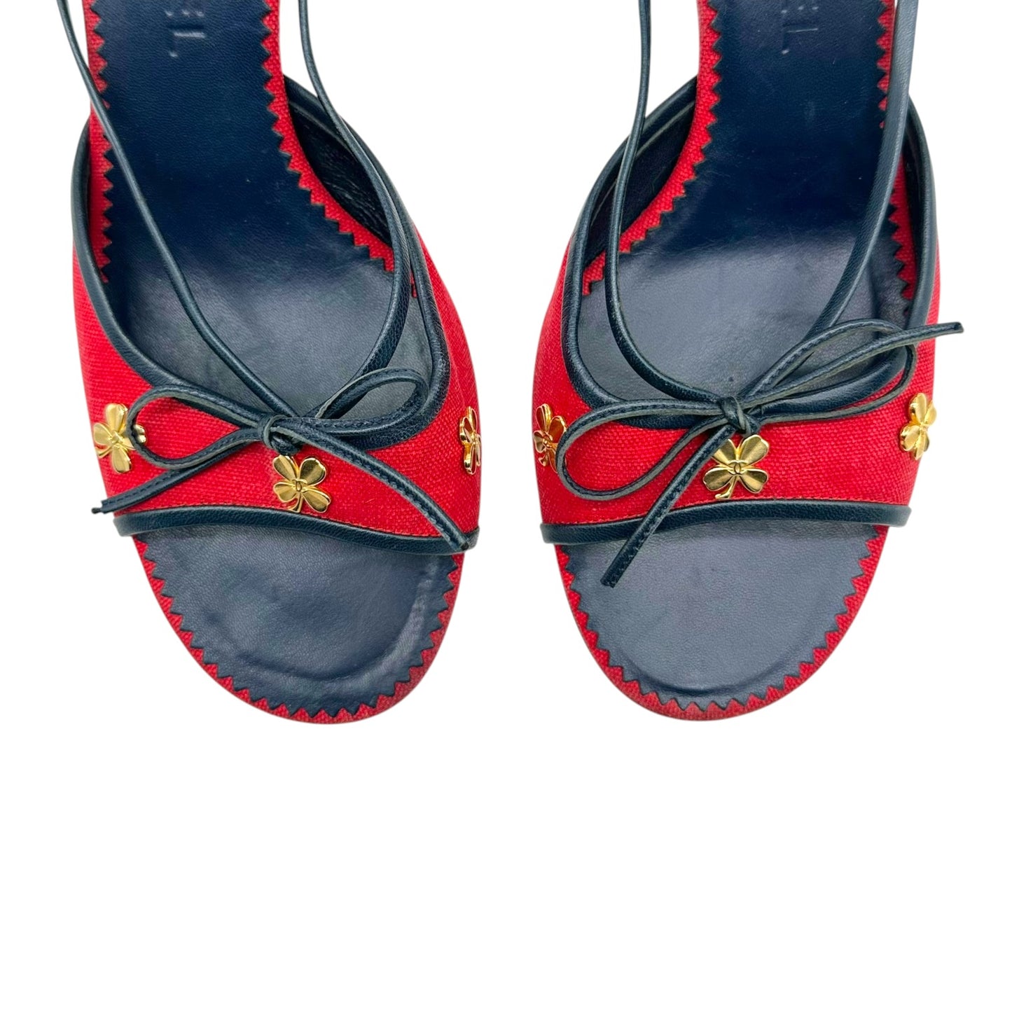 Chanel Red & Navy Kitten Heel Mules w/  Gold Clover Charms