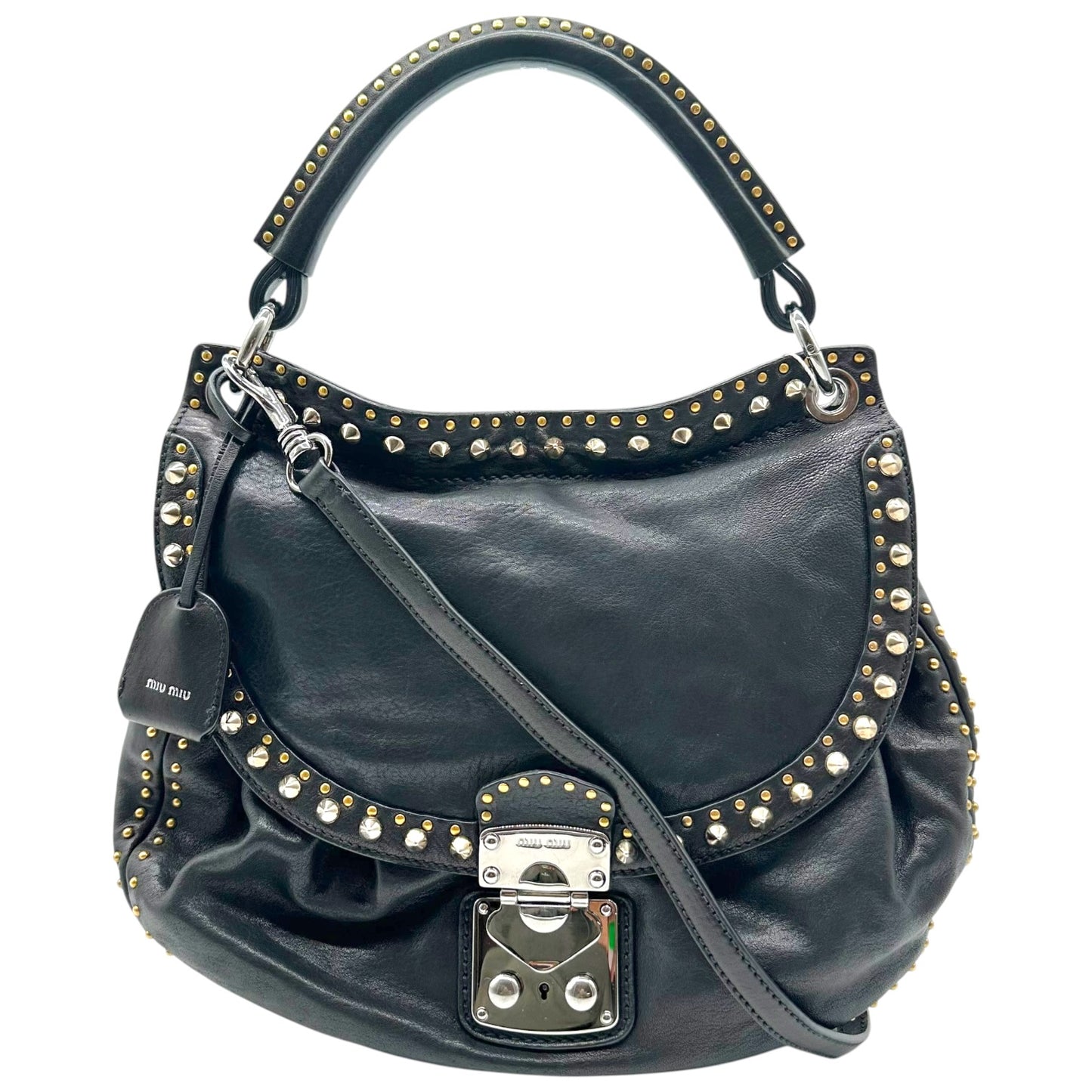 Miu Miu Black Leather Studded Hobo Bag
