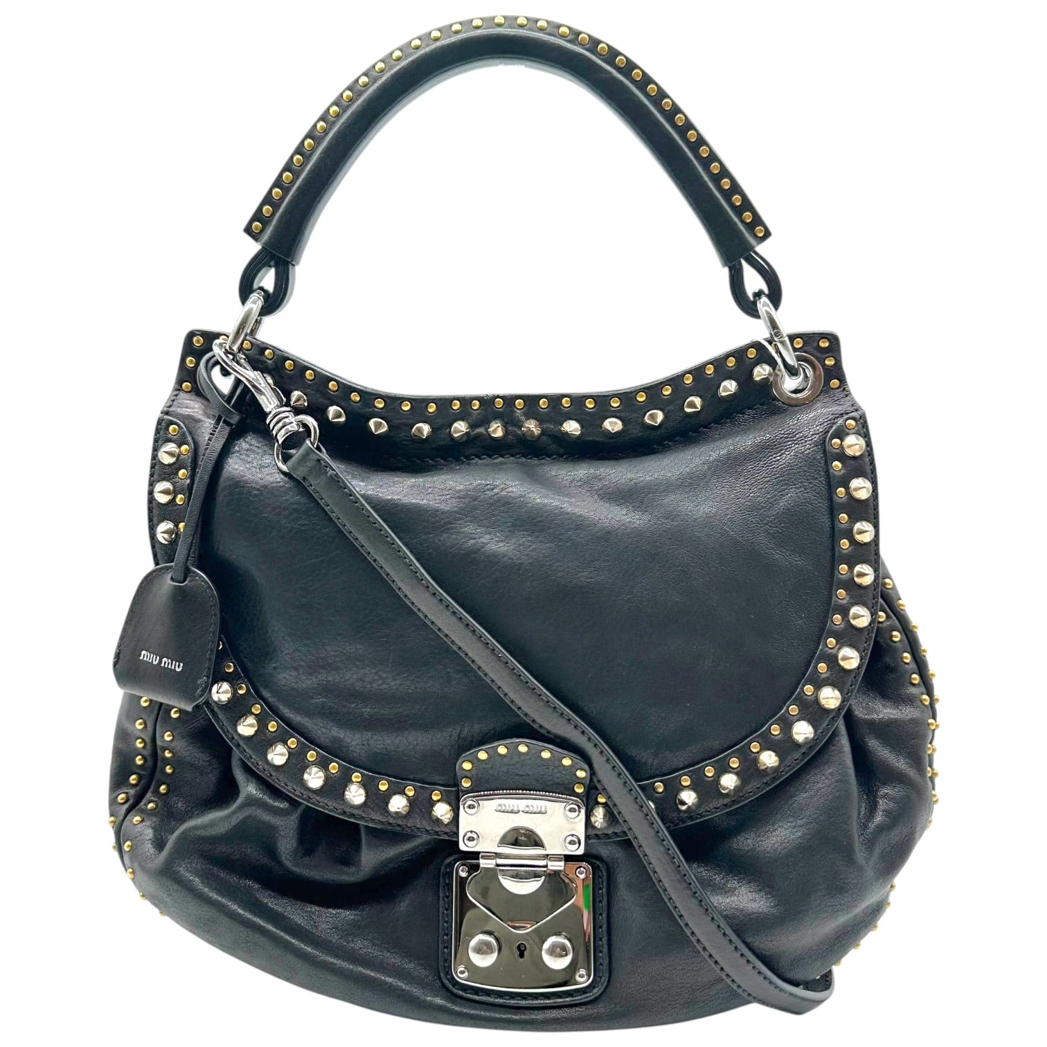 Miu Miu Black Leather Studded Hobo Bag