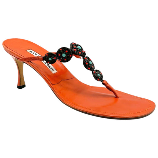 Manolo Blahnik Orange & Turquoise Beaded Kitten Heel Flip Flops