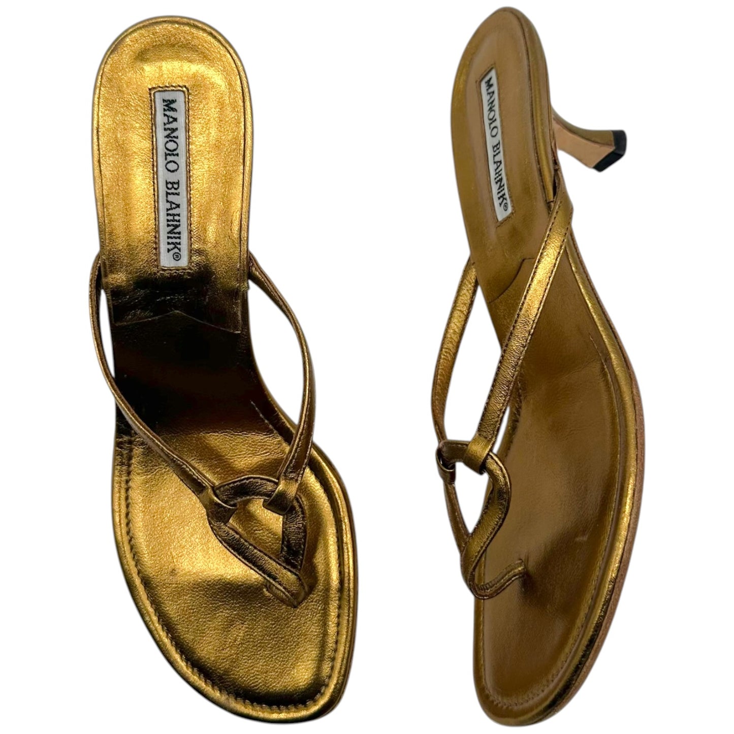 Manolo Blahnik Bronze Leather Kitten Heel Flip Flops