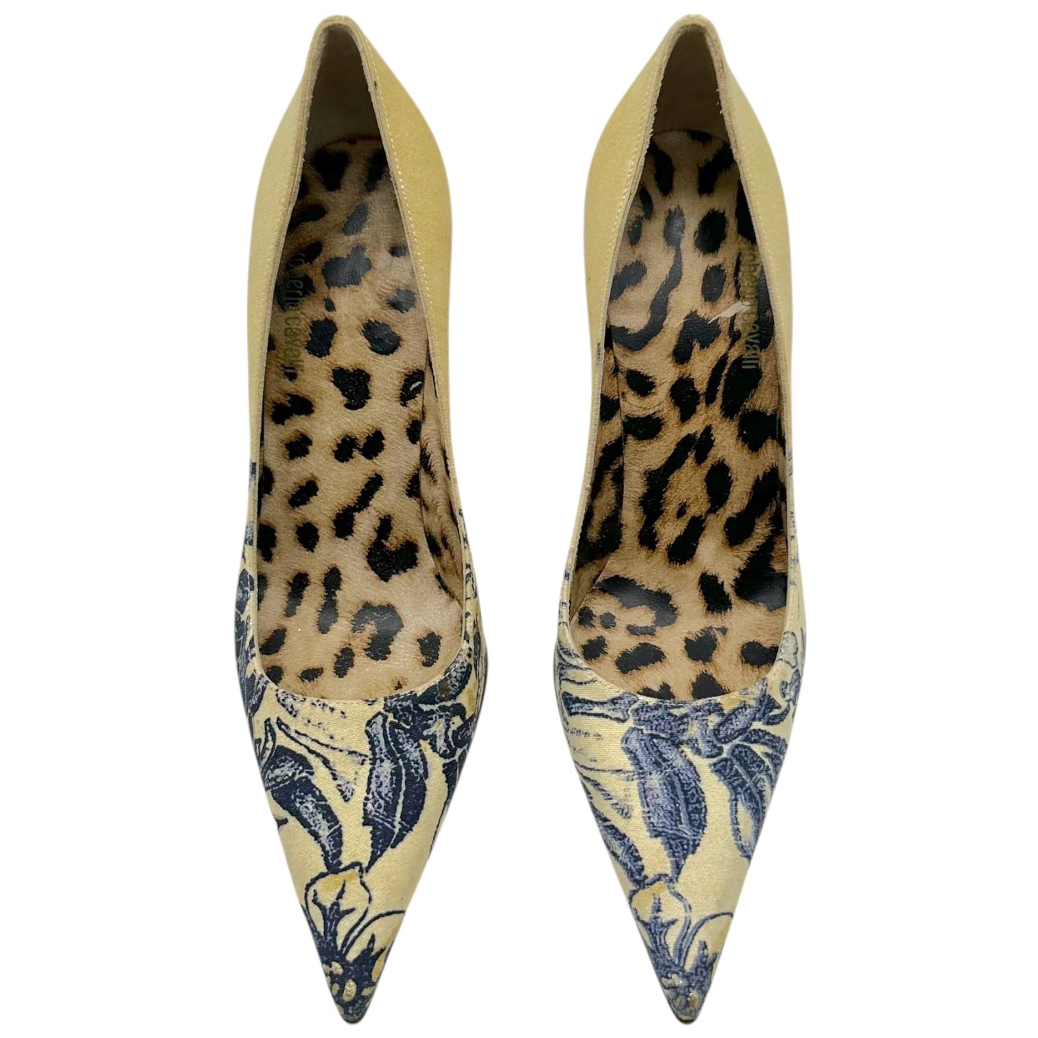Roberto Cavalli Pointed Toe Heels Ivory Navy Floral Print