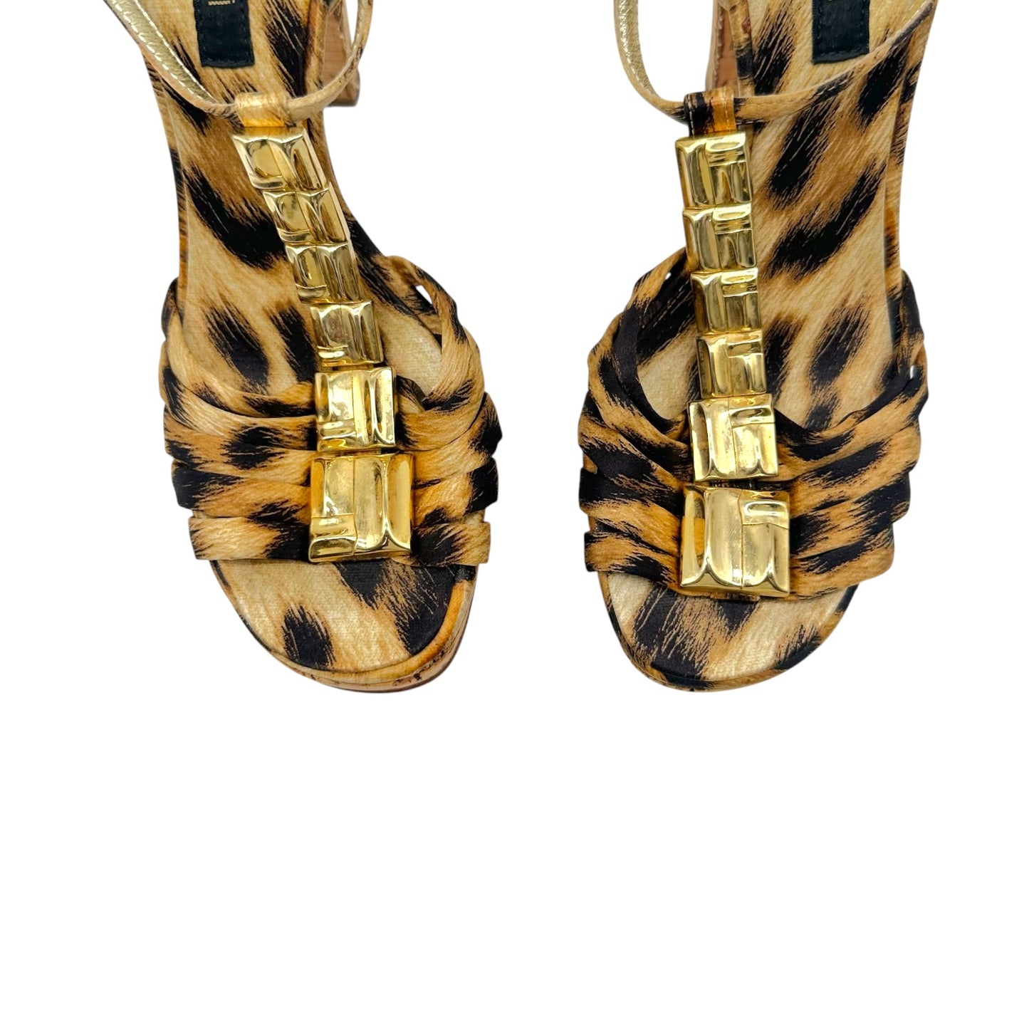 Roberto Cavalli Leopard Satin & Gold Embellished Cork Platform Sandal Heels