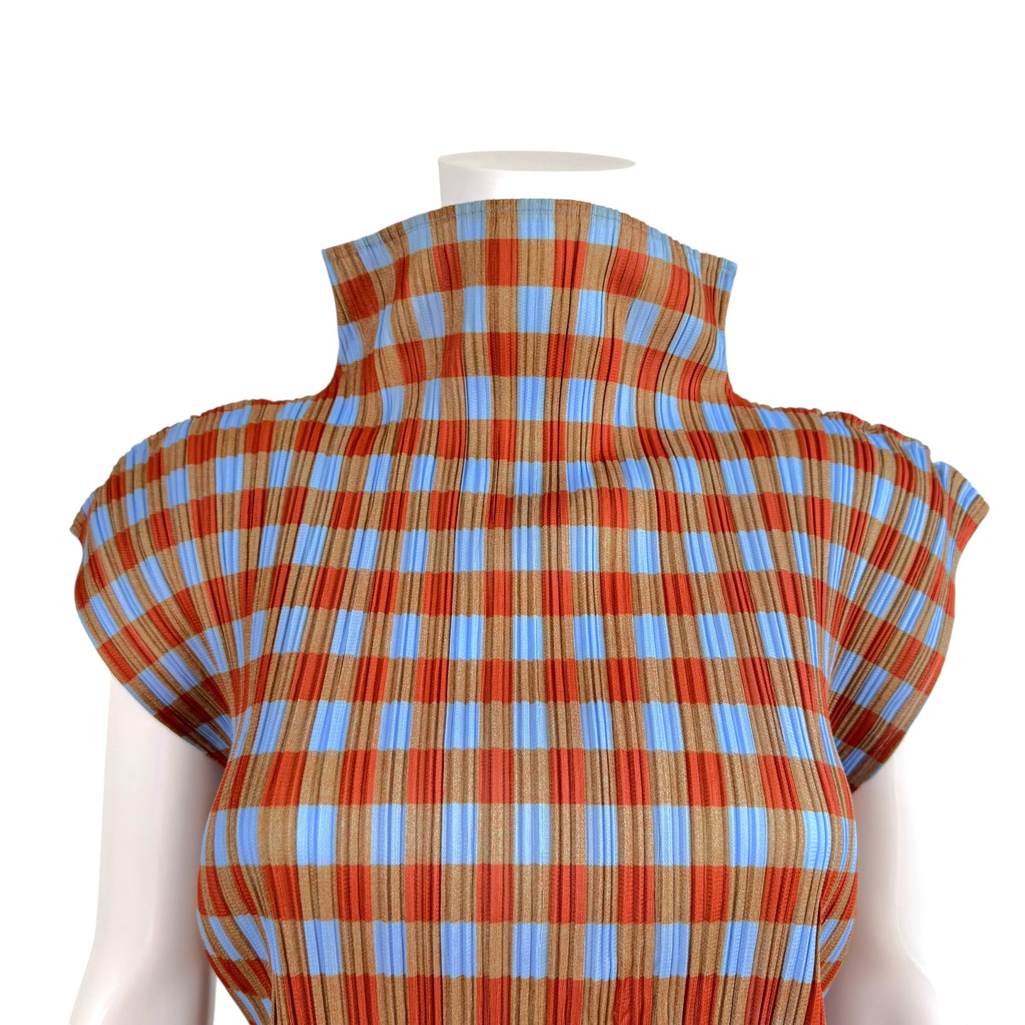 Issey Miyake Pleats Please Blue & Red Plaid Print Pleated Sleeveless Tunic Top Sz 3