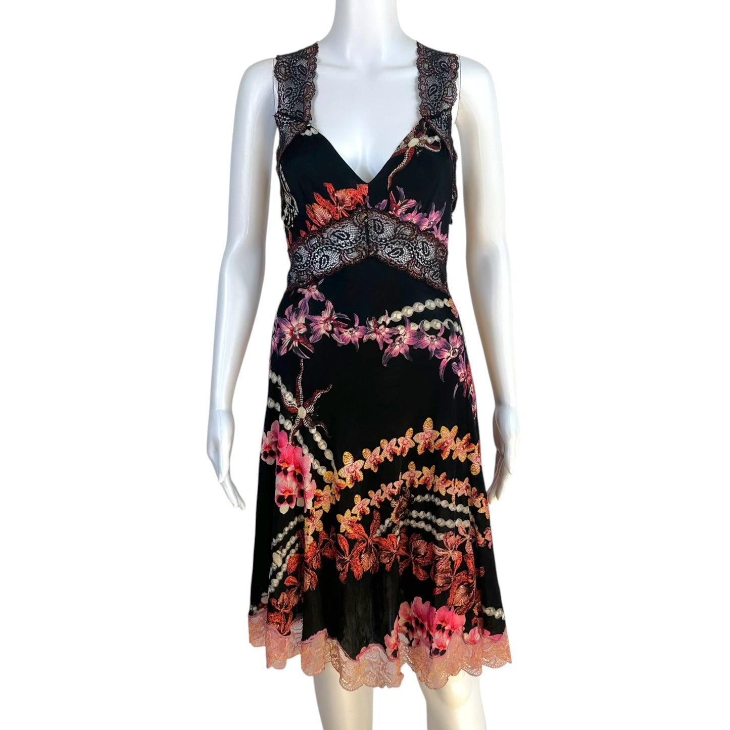 Just Cavalli Roberto Cavalli Floral & Pearl Print Lace Trim Midi Dress