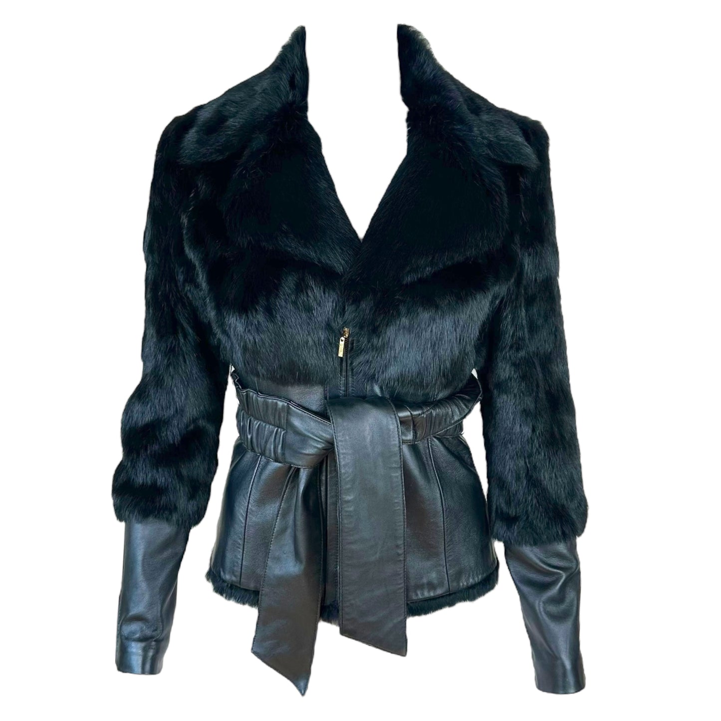 Marciano Black Leather & Rabbit Fur Wrap Coat