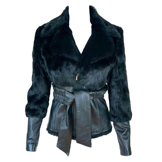 Marciano Black Leather & Rabbit Fur Wrap Coat