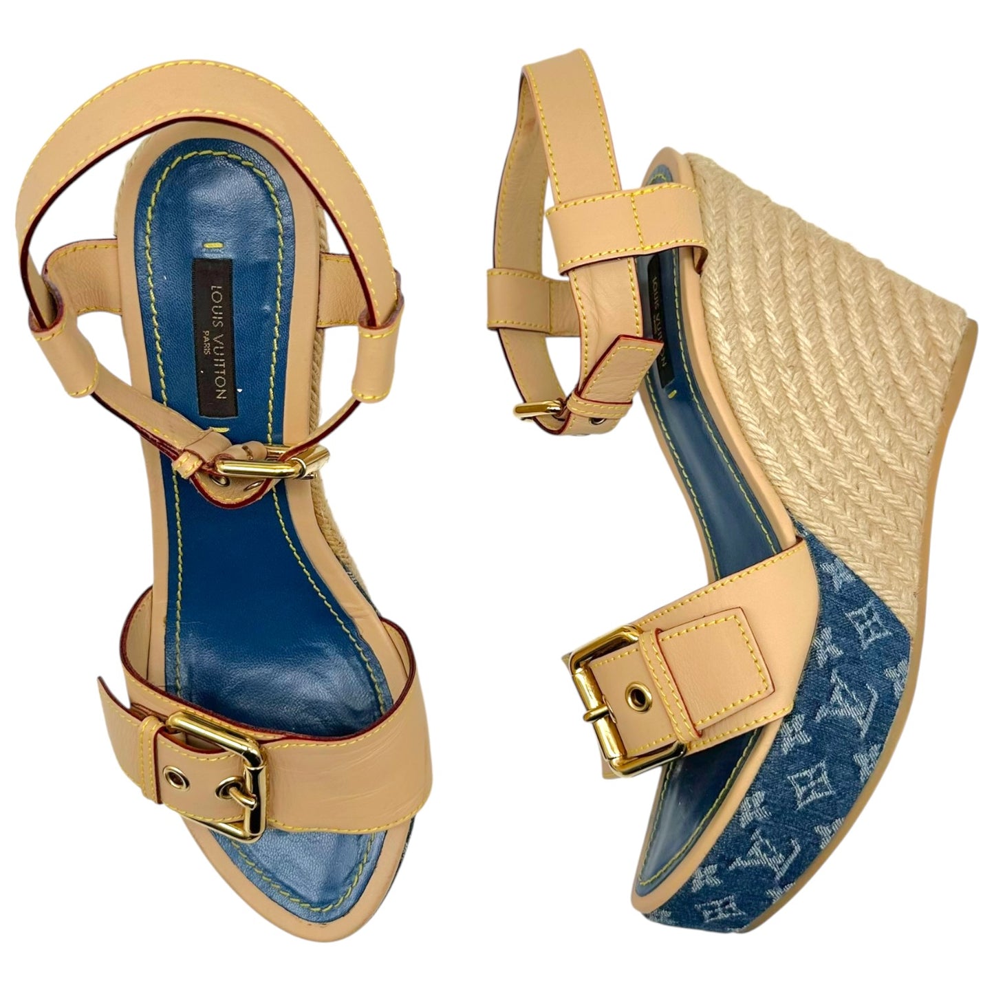 Louis Vuitton Denim Monogram & Raffia Heeled Wedge Sandals