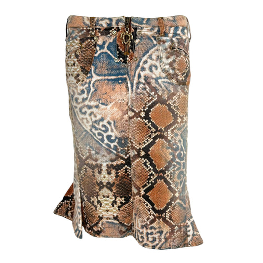 Roberto Cavalli Blue & Brown Snakeskin Print Denim Midi Skirt - Outfit Repeater