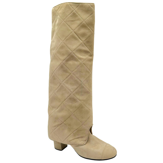 Chanel Tan Suede Quilted Fold-Over Boots