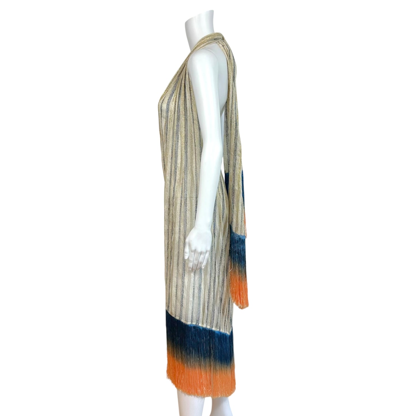 Emilio Pucci Metallic Sheer Knit Ombré Fringe Trim Halter Dress