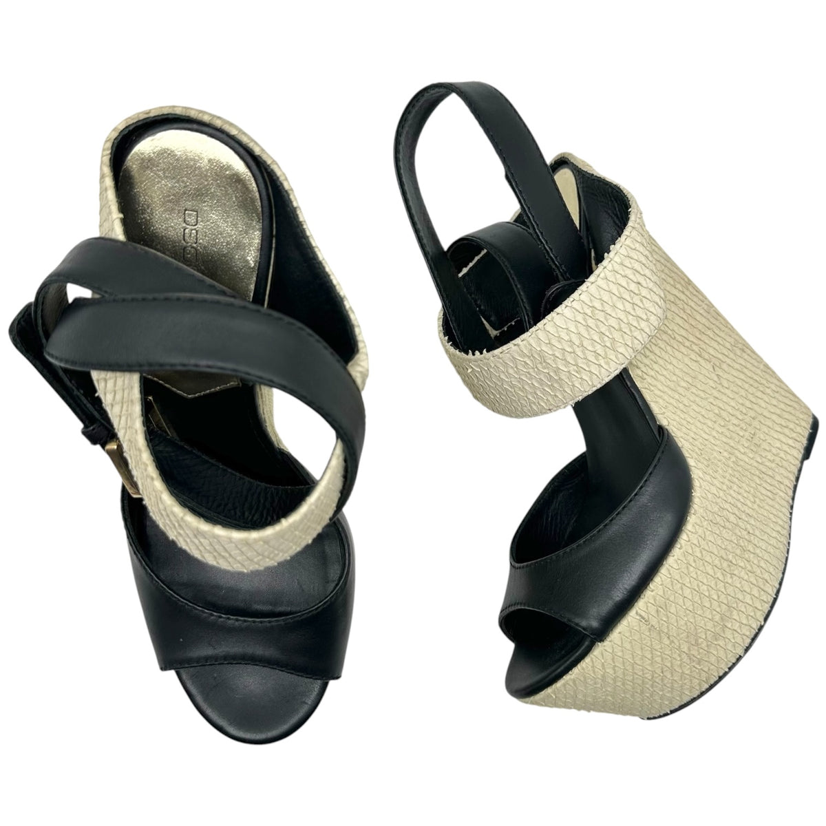 Dsquared2 Ivory Snakeskin Black Leather Platform Wedge Sandals