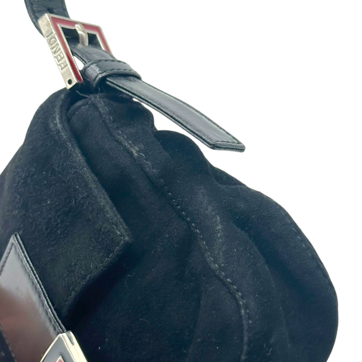 Fendi Black Suede Mini Baguette Bag with Red Buckle