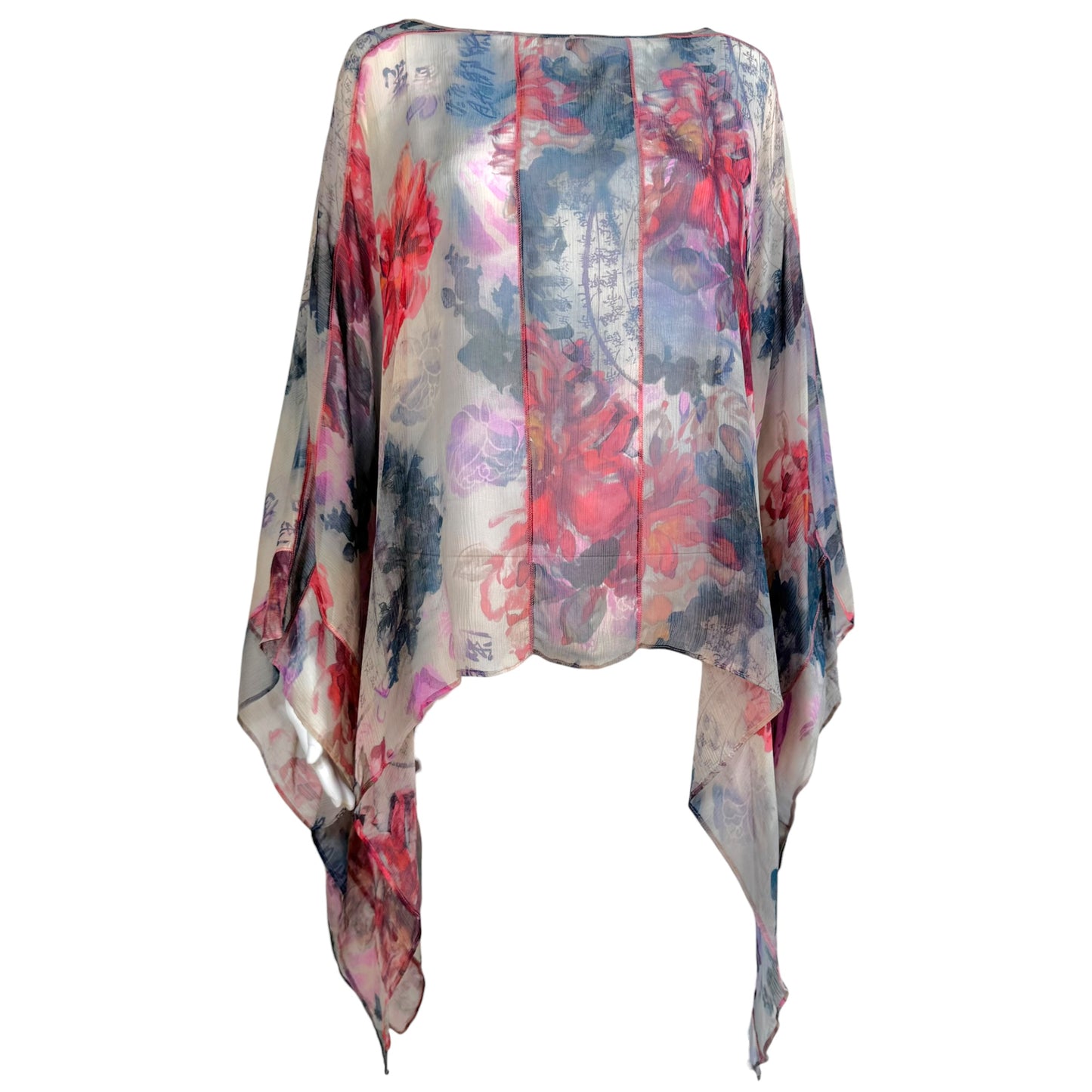 Galliano Sheer Silk Floral Blouse Top Gray Multi XS