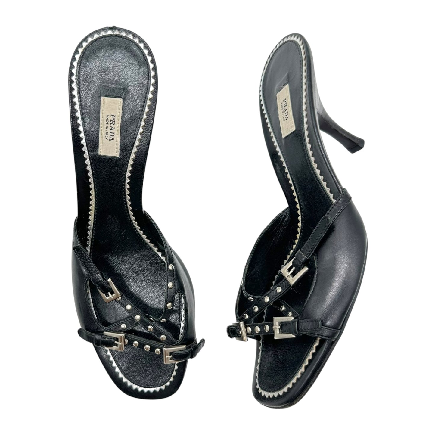 Prada Black Leather Rivet Embellished Kitten Heel Sandals