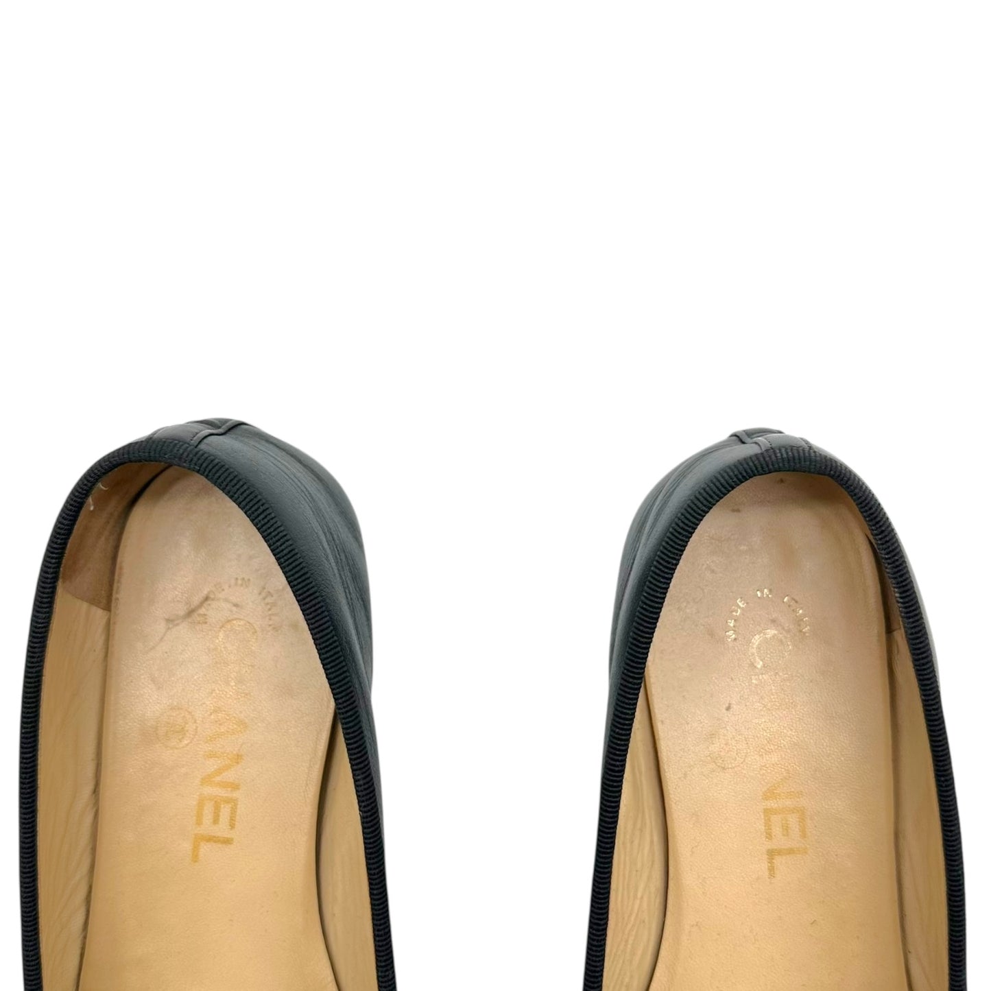 Chanel Metallic Gold & Black Canvas Logo Ballet Flats