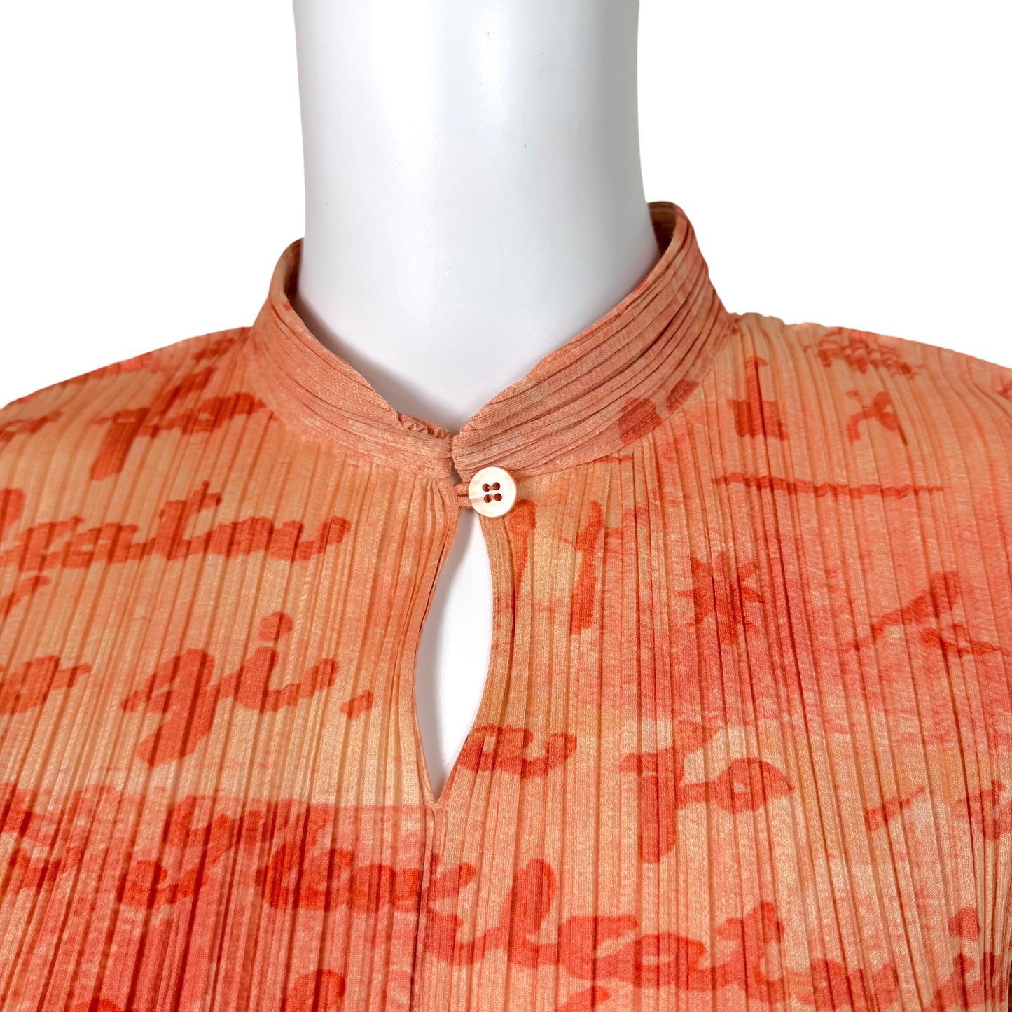 Issey Miyake Pleats Please Coral Pink Cursive Print Pleated Short Sleeve Top Sz 3