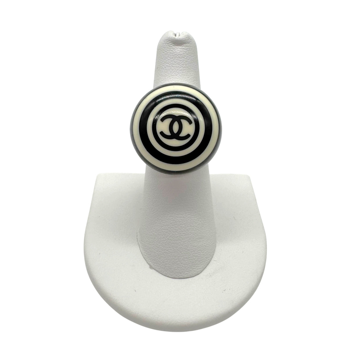 Chanel Black White Logo Plastic Bubble Ring Size 6