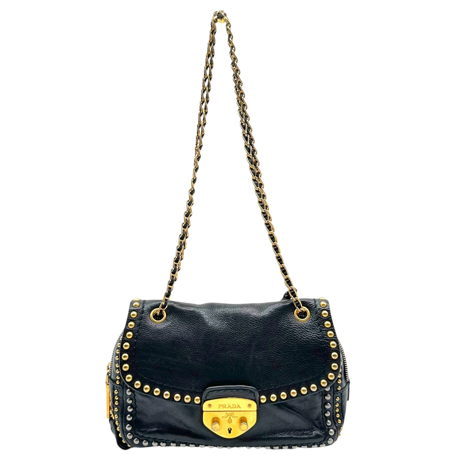 Prada Black Leather Studded Chain Strap Shoulder Bag