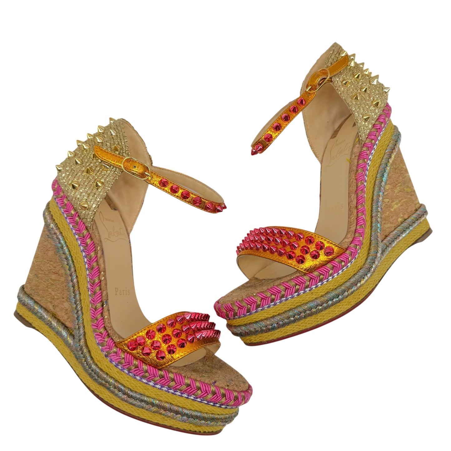 Christian Louboutin Cork Wedge Sandals Pink Gold Spike