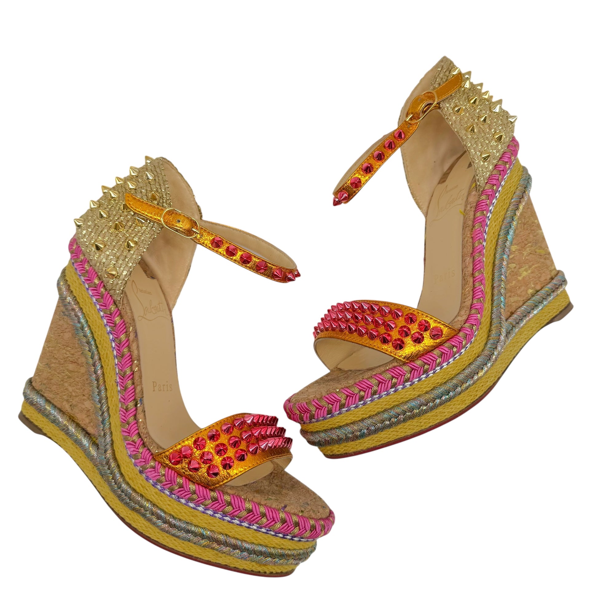 Christian Louboutin Cork Wedge Sandals Pink Gold Spike