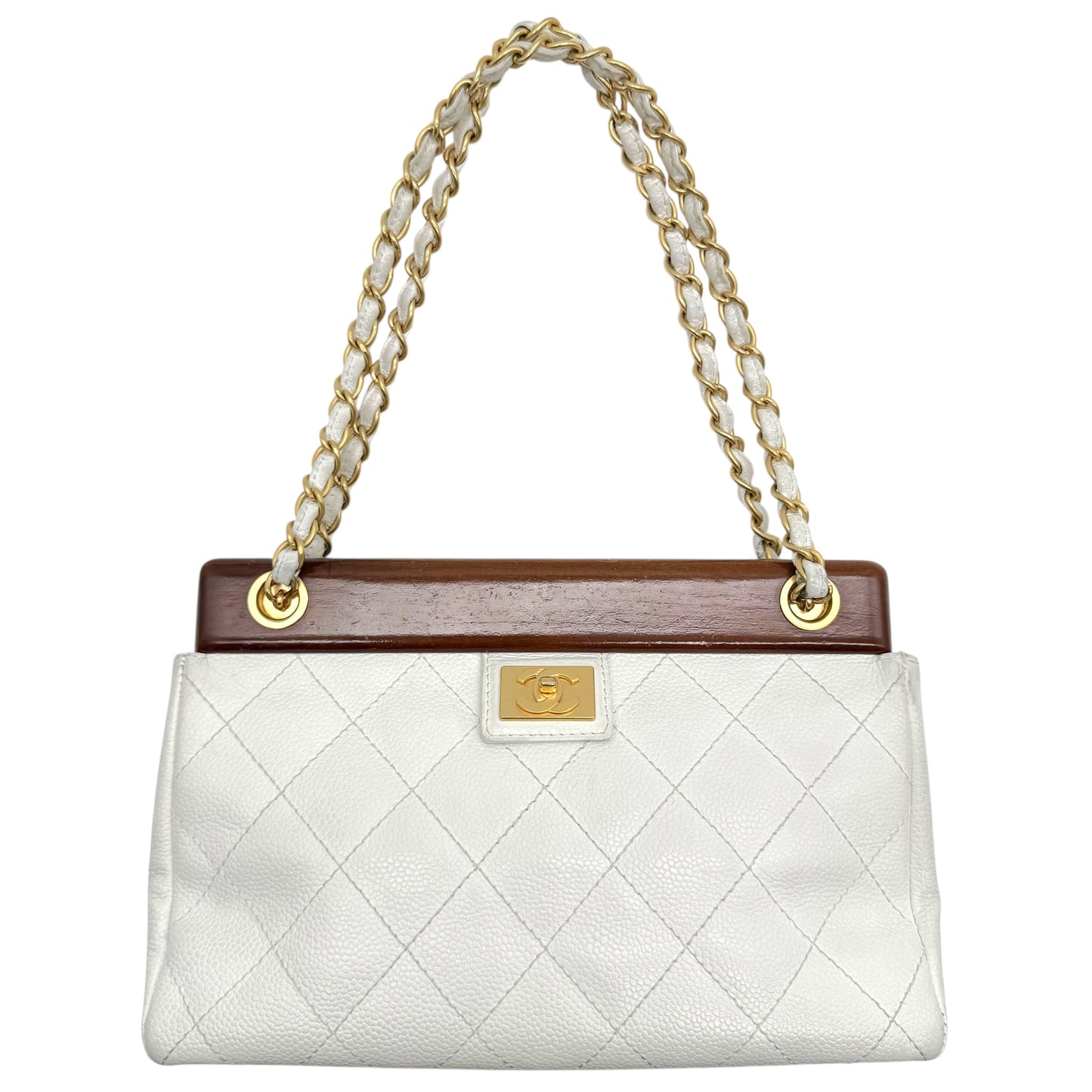 Chanel White Caviar Matelasse Wood Bar Shoulder Bag 2003-04 - Outfit Repeater