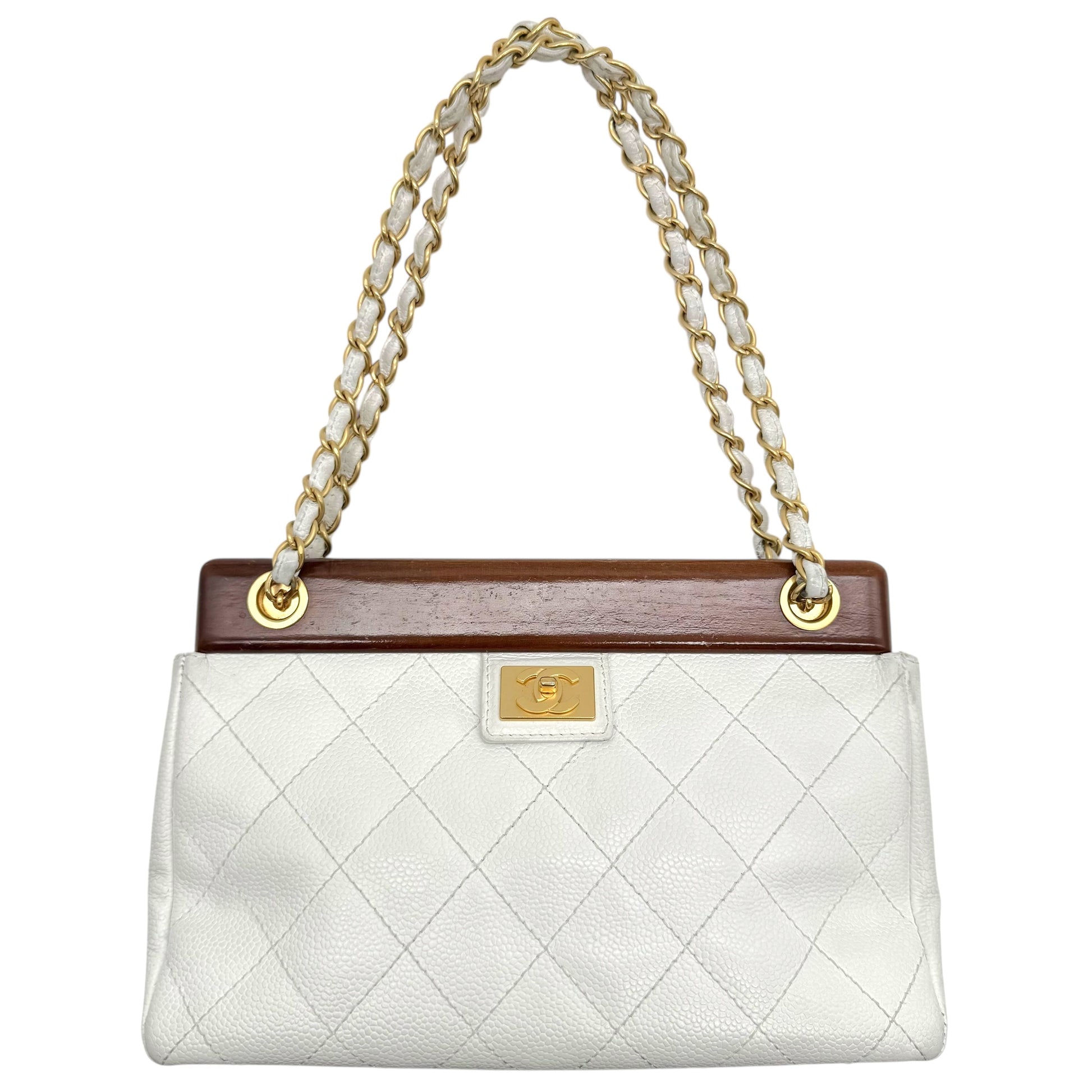 Chanel White Caviar Matelasse Wood Bar Shoulder Bag 2003-04 - Outfit Repeater